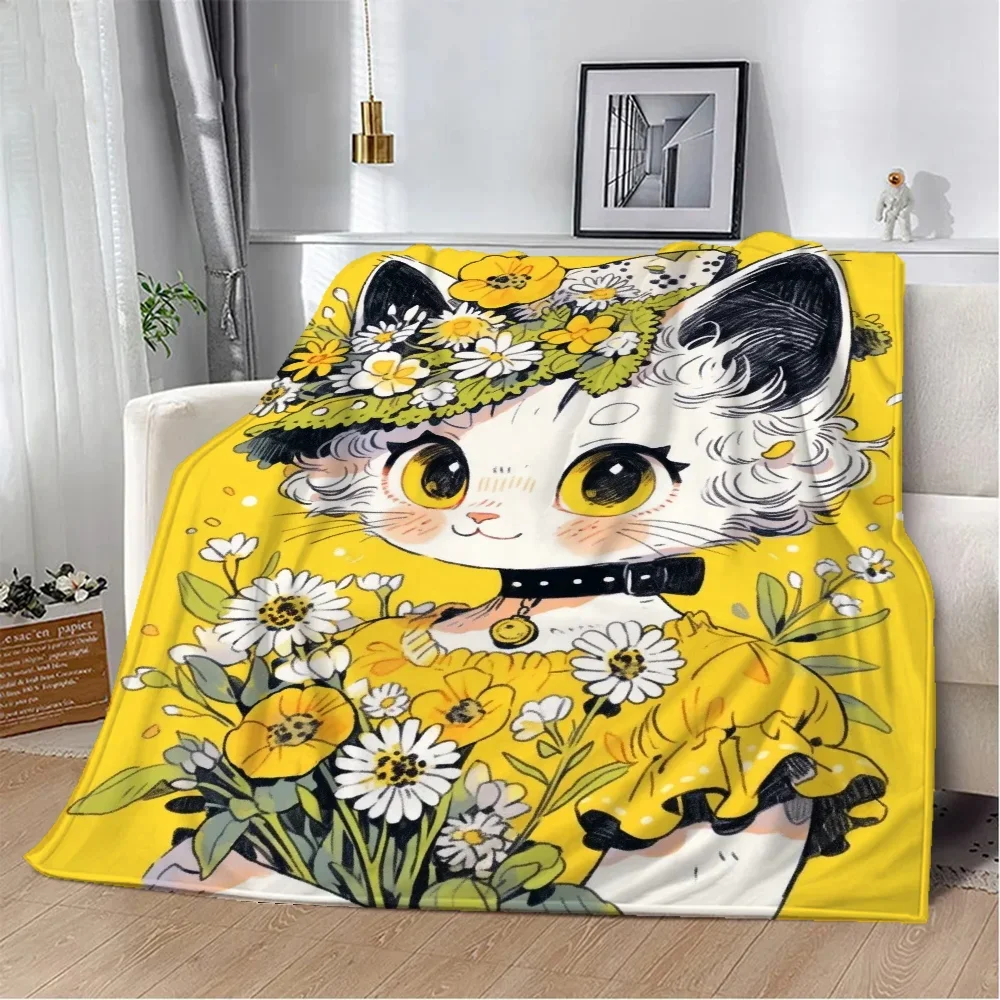 귀여운 고양이 신선한 꽃 따뜻한 겨울 담요, 소파 커버 담요, 푹신한 격자 무늬 비치 타월, 가정 및 장식 럭셔리 침구