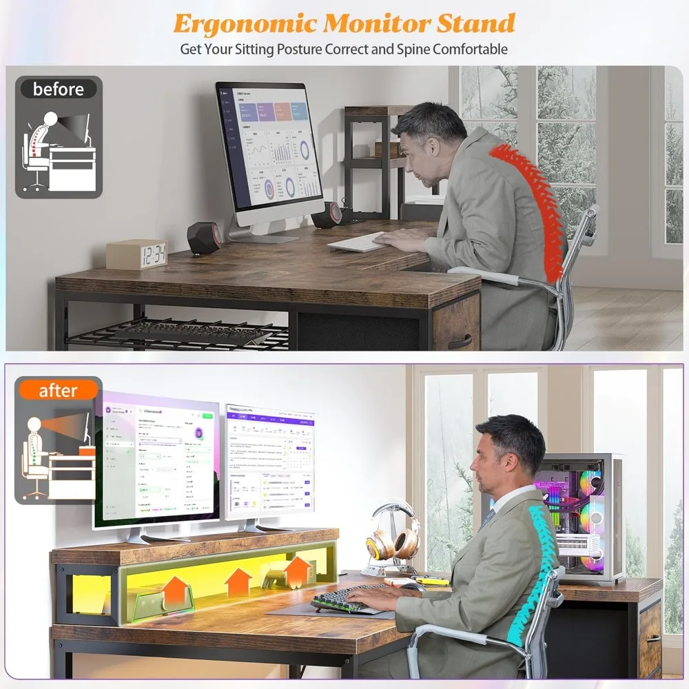 Gaming Desk with Drawers L Shaped 40Inch Computer Desk with LED & Power Outlet Reversible Corner Desks 5