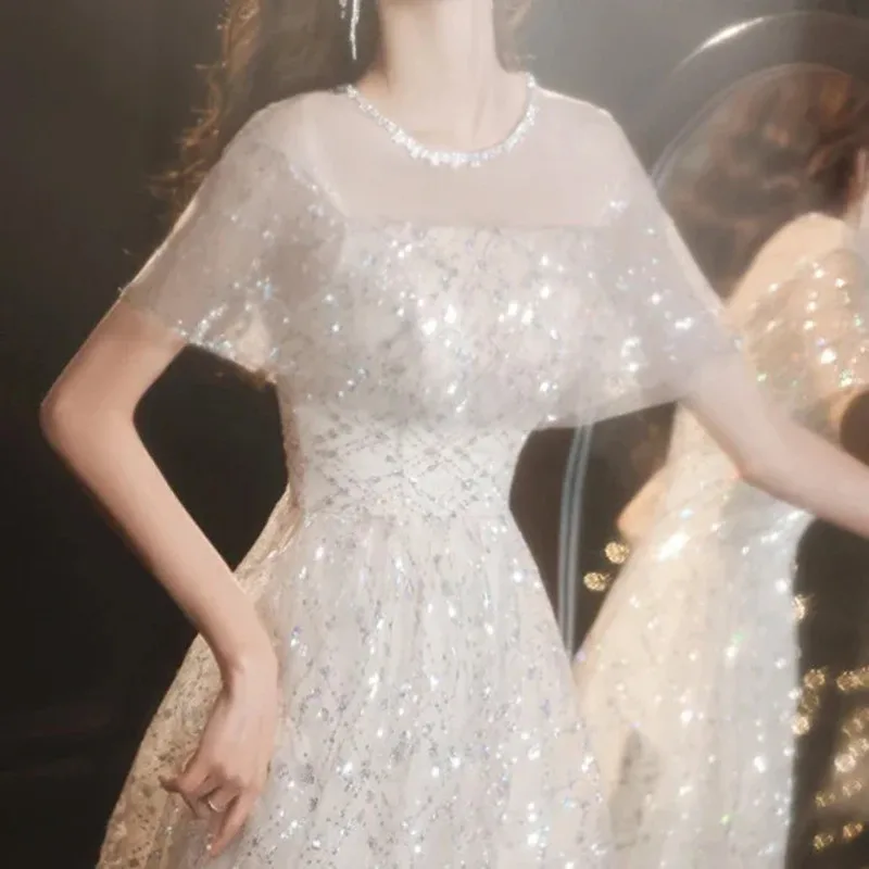 Sparkling Champagne Prom wedding party dress Off The Shoulder A-line Elegant Slim Evening Dresses Bridesmaid  vestido de festa