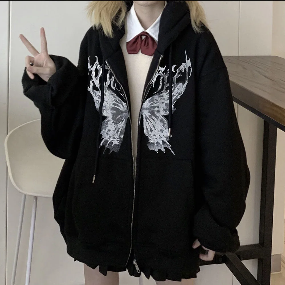 Gothic Butterfly Print Hoodies Zip Up Hip Hop Streetwear