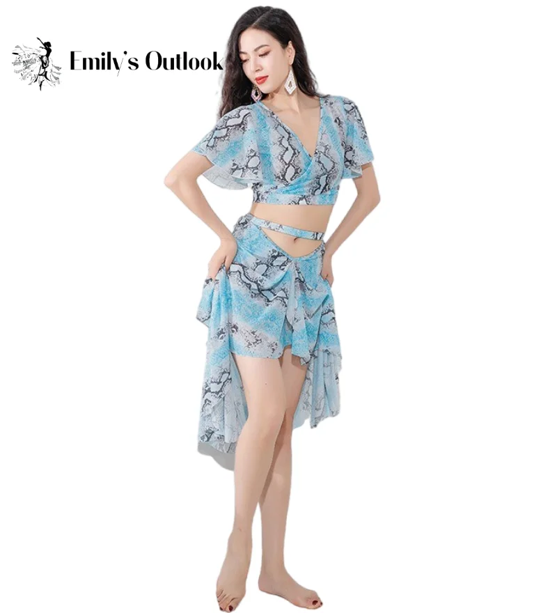 

Sexy Dance Suit Gauze Print Bellydance Clothes 2 Piece Set Performance Outfit Short Sleeve Oriental Mesh Skirt New Elegant Adult