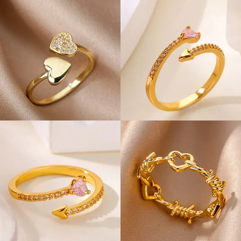 Rosa Zirkon Herz Ringe für Frauen Einstellbare Pfeil Geformt Offenen Ring Weibliche Aussage Party Edelstahl Schmuck Täglichen Verschleiß