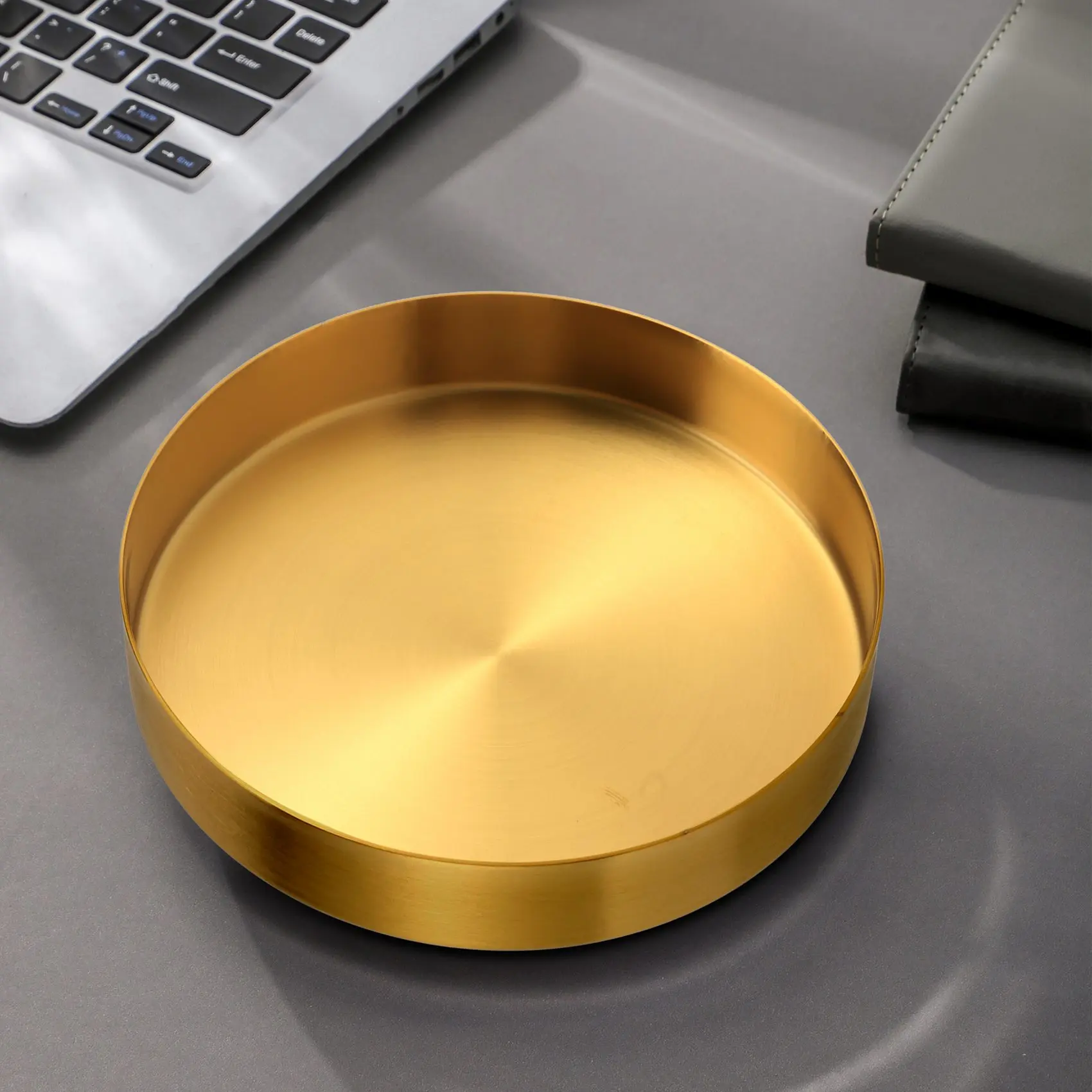 Round Gold Tray,Metal Decorative Tray Makeup Tray Organizer for Vanity,Bathroom,Dress,Matte Brass Finish, 4.9 Inch 2