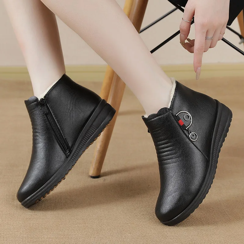 Winter Women Pu Leather Flat Casual Ankle Boots  Women Warm Fur Ankle Boots Mother Slip On Winter Shoes