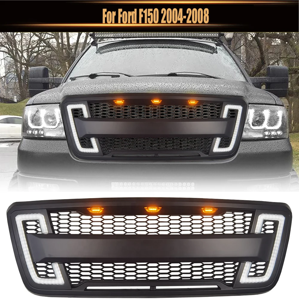 

For Ford F150 2004-2008 Matte Black Raptor Grille Bumper Grill 4x4 Modified Parts Front Racing Grills With LED Turn Light Fit