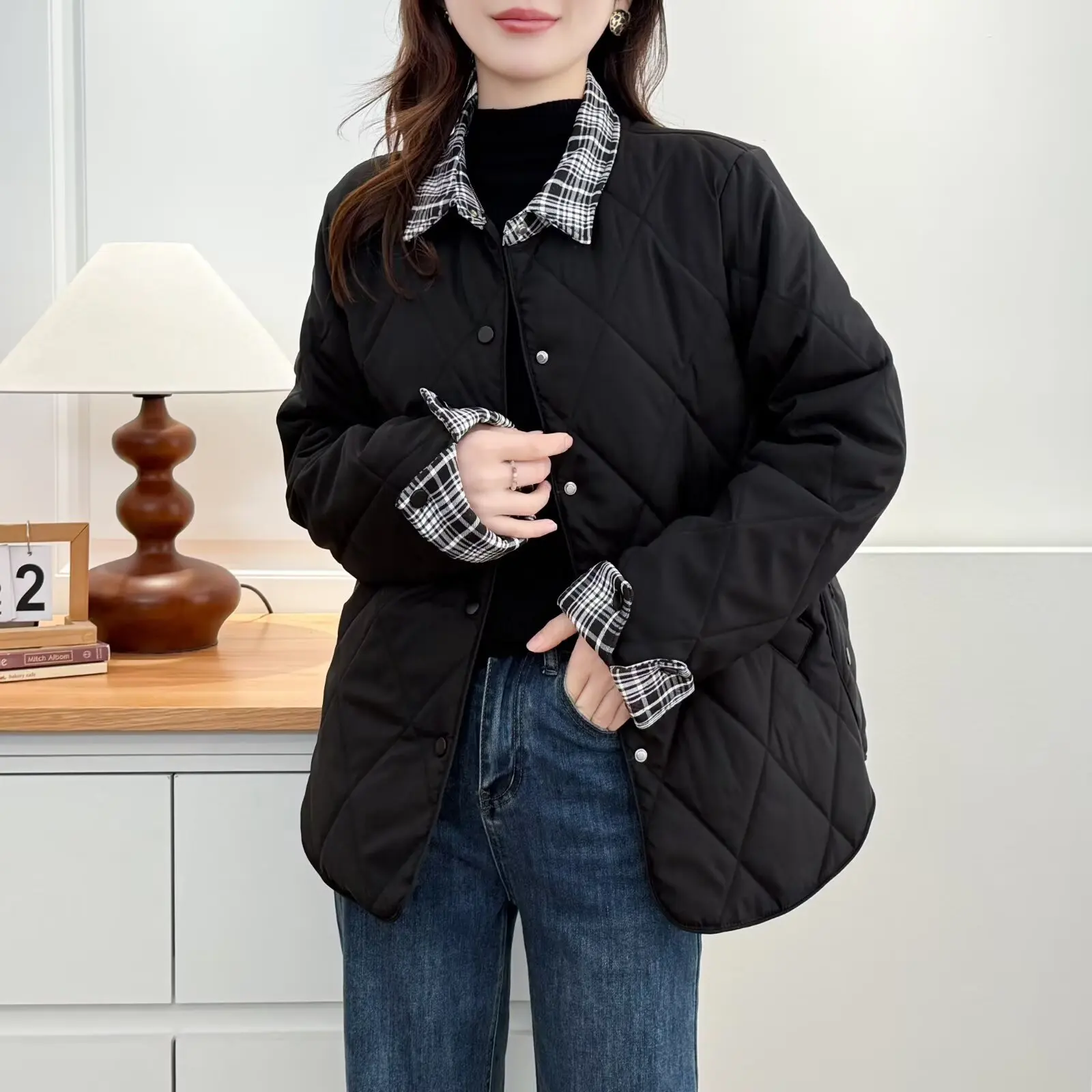 XXXXL Fashion Plus Size Women's Parkas 2025 Autumn And Winter New Style Plaid Lapel Padded Jacket Warm Coats 072