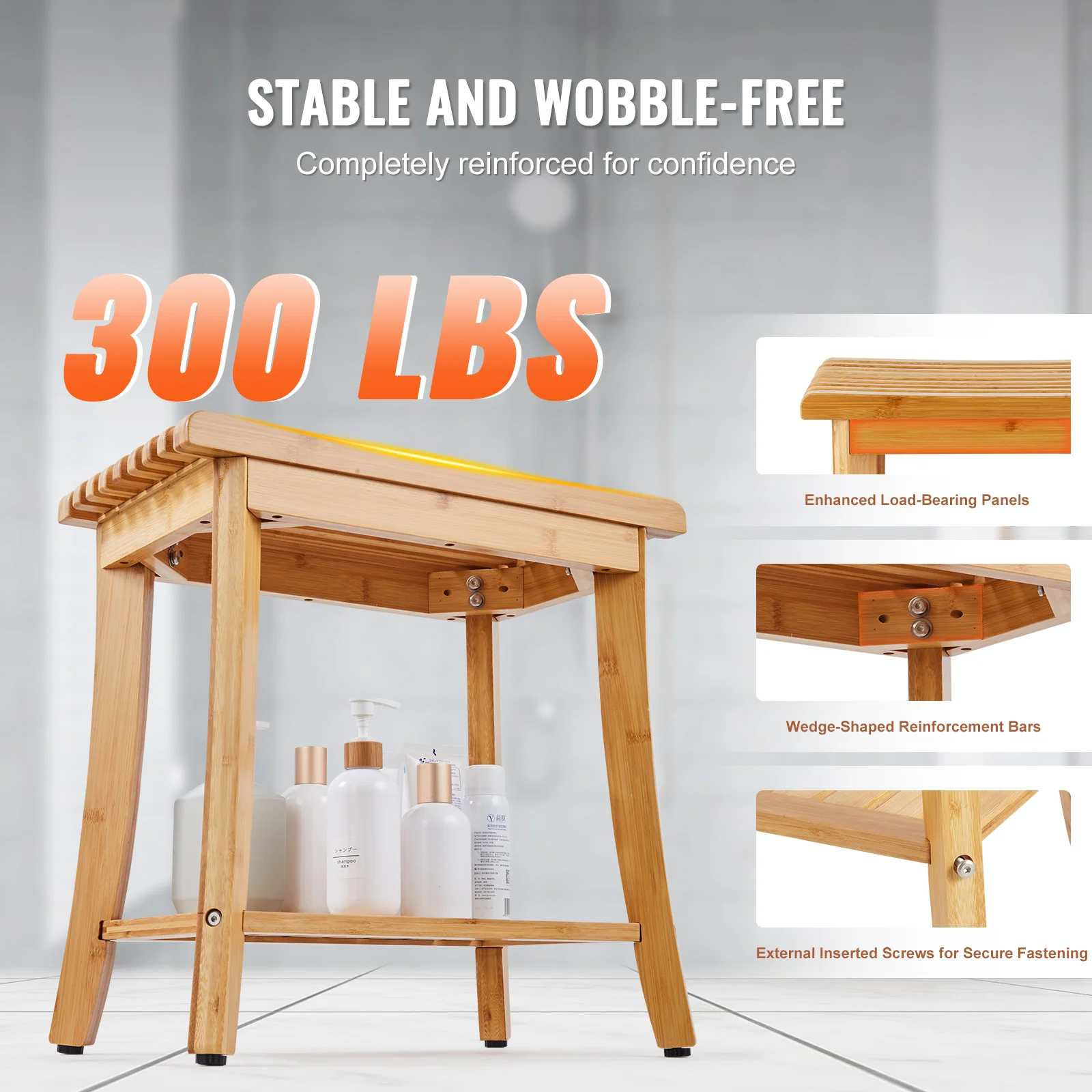 VEVOR Bamboo Shower Bench 19.1 x 11.3 x 18.3 in Waterproof Shower Stool Chair with Storage Shelf 330lbs Load Capacity Spa Seat 3