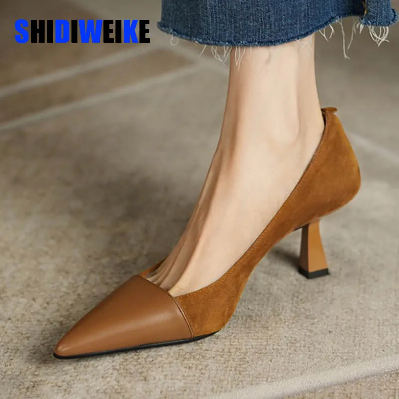 SDWK Spring Stitching Brown Shallow Mouth Shoes Women's French Pointed Toe Stiletto All-match Temperament High Heels 35-39 Size