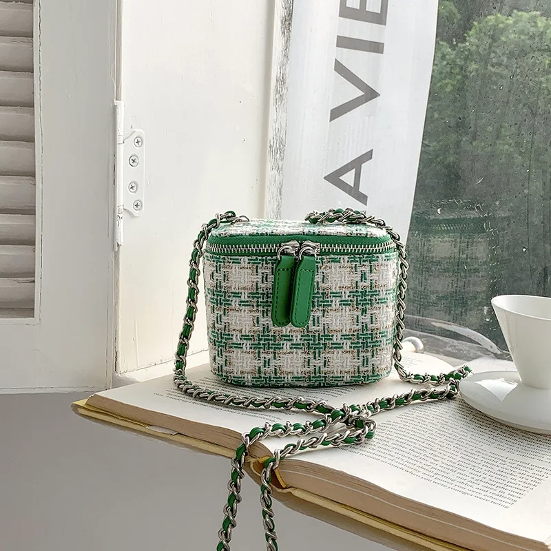 Fashion Plaid Woolen Fabric Handbag Women\'s Designer Chain Bag High Grade Foreign Style Crossbody Bag Popular Small Square Bag