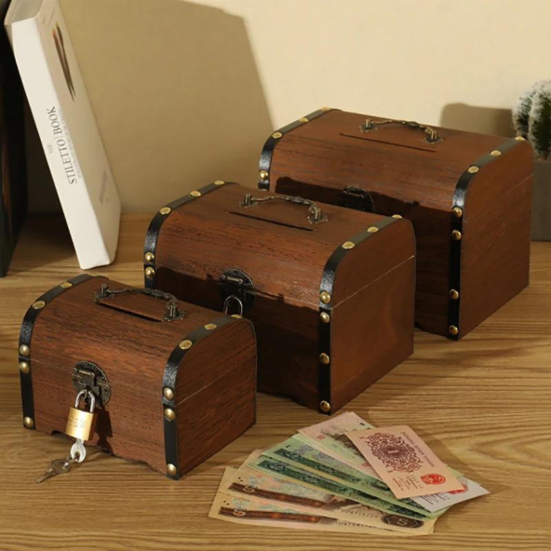 Wooden Retro Treasure Chest Piggy Bank Decorative Box With Lock, Coin, Banknote Storage Box Safe Money Box Gift 6