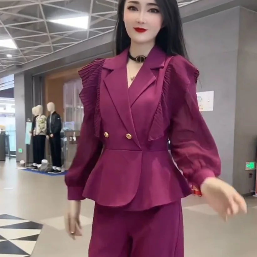 Fashionable Royal Sister Style Style Design Sense Slim Fit Slim Top High Waist Wide Leg Pants 2023 Spring Two Piece Set for Wome