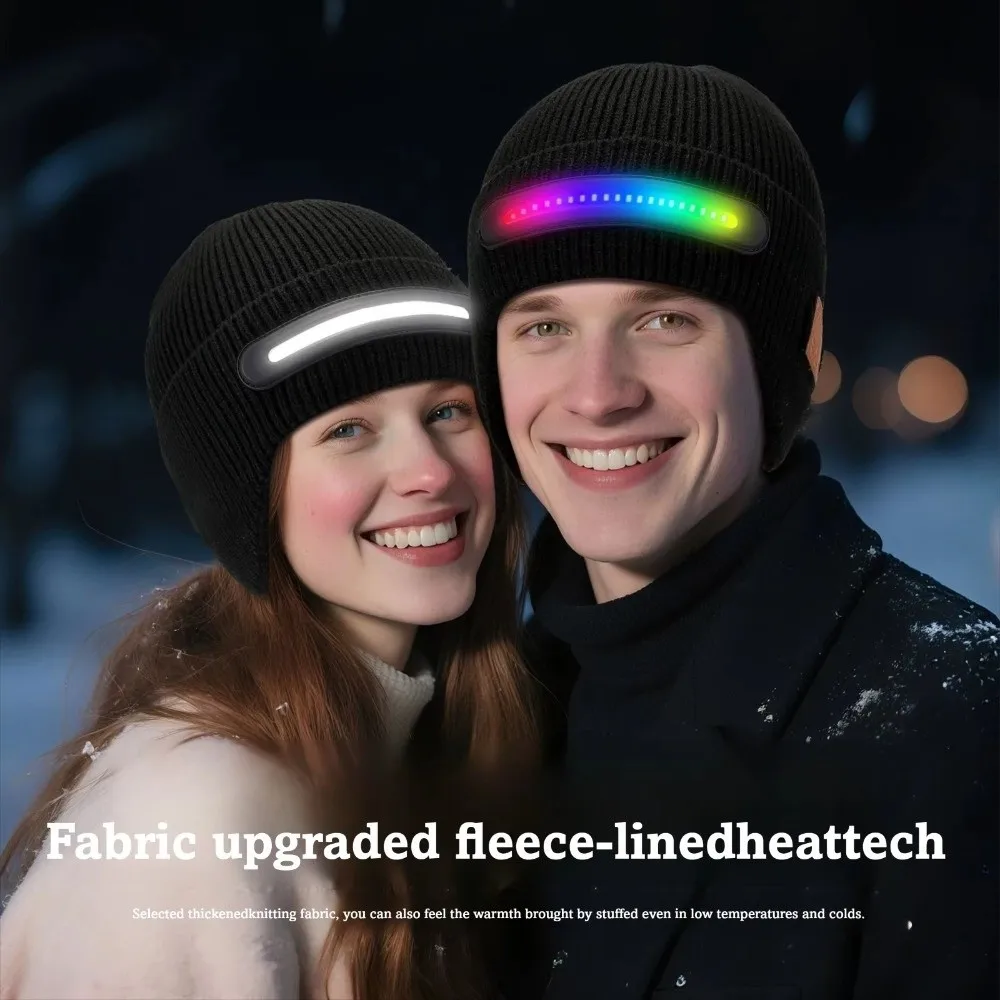 USB Rechargeable LED Lighted Beanie Hat Built-in Speaker Mic Detachable Bluetooth Earflap Hat Three-Stage Lighting