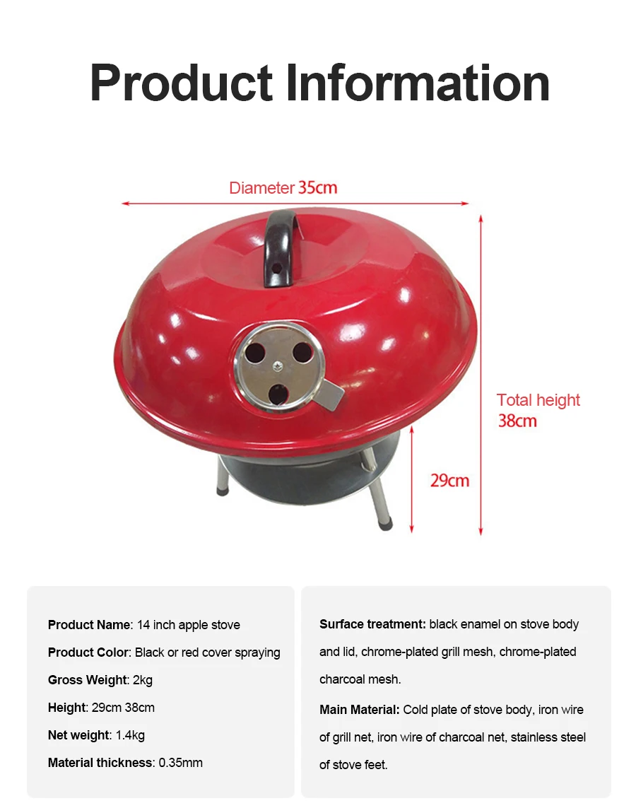 14-inch BBQ Grill Mini Apple Stove Outdoor Household Portable Charcoal Barbecue