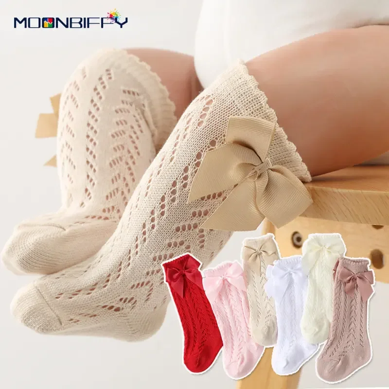 

Summer New Baby Girl Socks Cute Big Bows Soft Cotton Elastic Solid Color Mesh Newborn Socks Knee High Long Toddler Girl Socks