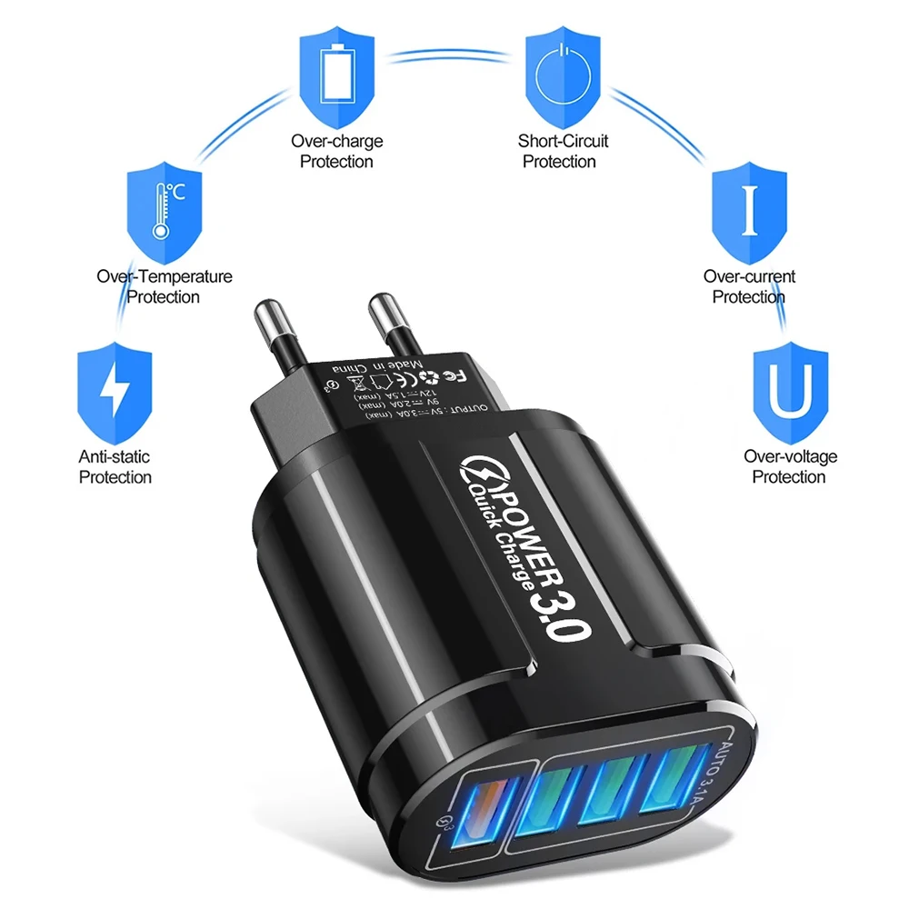 48W QC3.0 Quick Charger 4USB EU Standard Travel Portable 4 Port Fast Charging Suitable For Android iPhone Xiaomi Other Devices BEST SELLERS