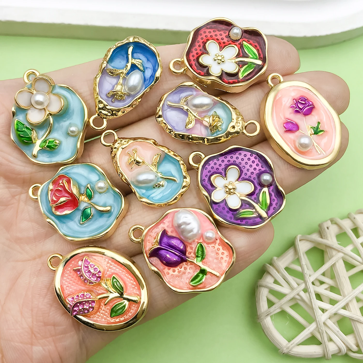 10 قطعة المينا الملونة النفط اللوحة سحر سبائك الزهور المعلقات ل أساور يدوية القلائد أقراط صنع المجوهرات اكسسوارات