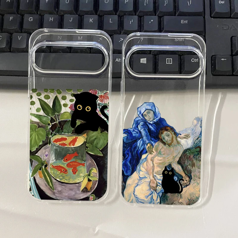 Vintage INS Oil Painting Black Cat & Fish Soft TPU Phone Case