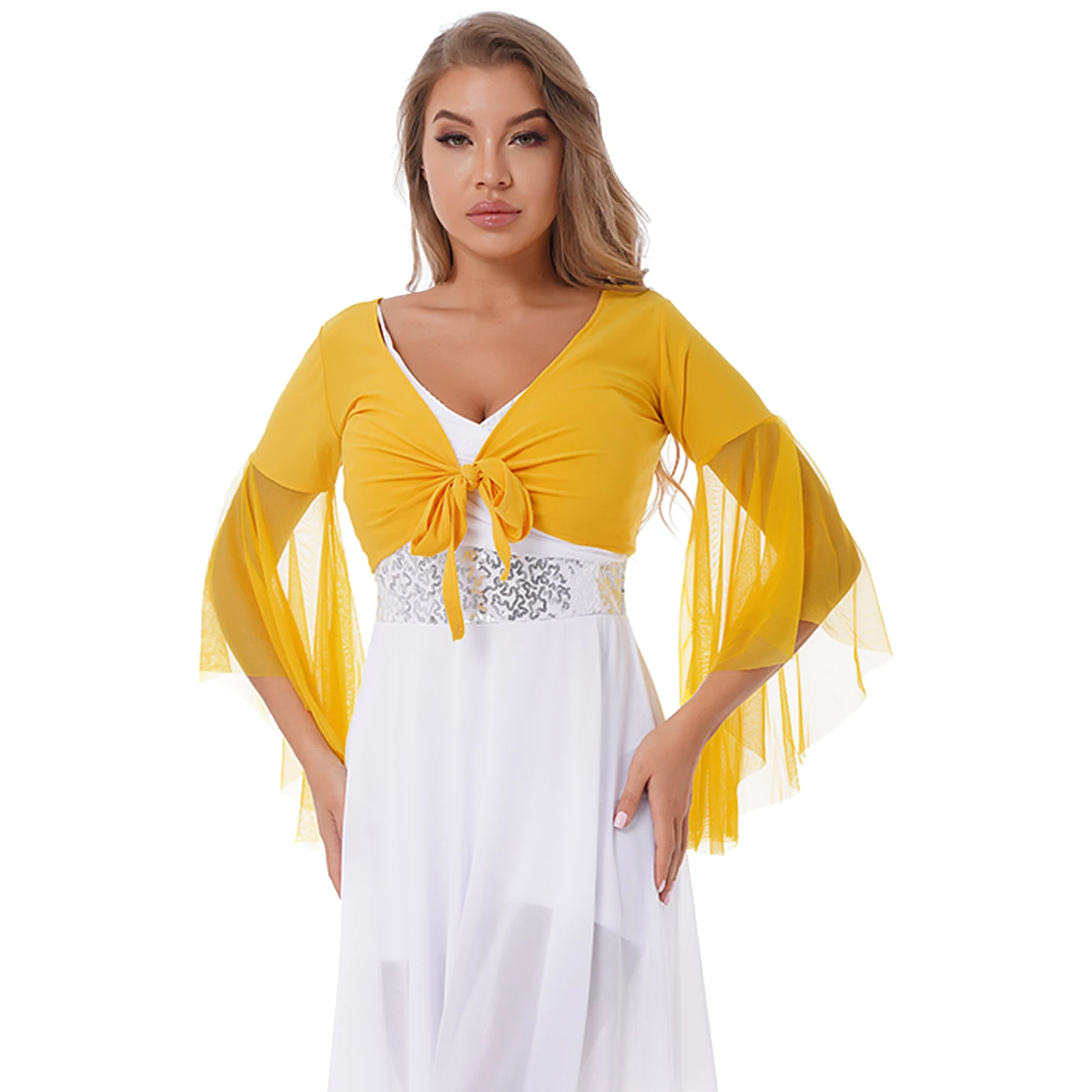 

Womens Femme Belly Dance Top V Neck Lace-up Stage Performance Belly Dance Costume 3/4 Tulle Flared Sleeve Crop Top Dancewear