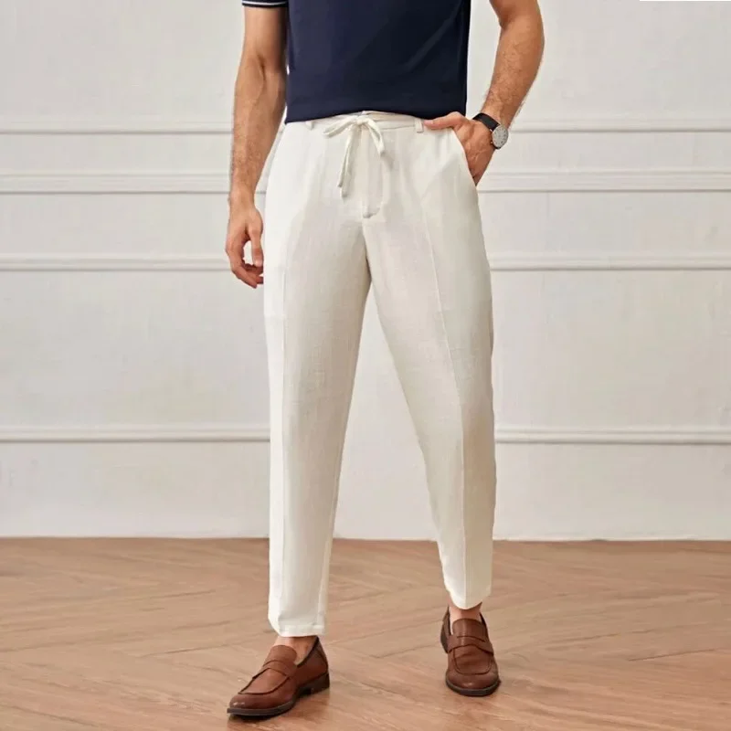 New Men's Cotton Linen Long Pants Summer Solid Color Breathable Linen Trousers Male Casual Elastic Waist Casual  Harajuku Trous
