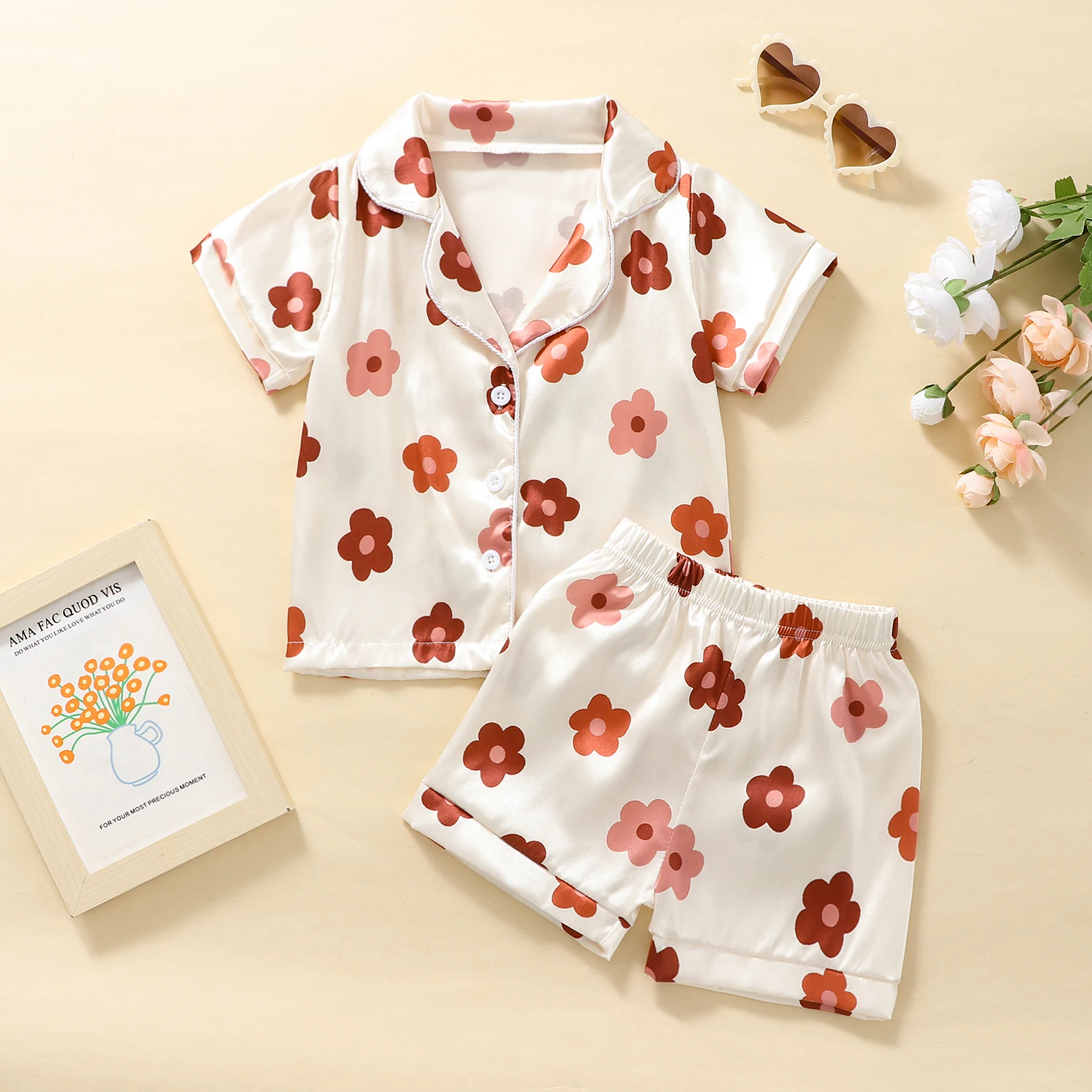 

1-7 Years Kids Girls 2023 Summer Outfits Set Flower Print Turn-Down Collar Short Sleeve Tops and Elastic Waist Shorts 2Pcs Suit