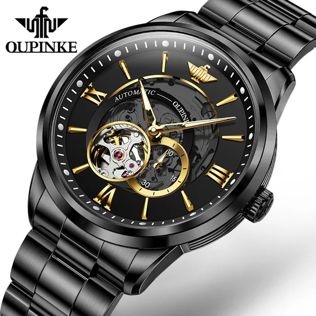 New Black Mechanical Men\'s Watch Hollow Design Luxury Sapphire Mirror Tungsten Steel Strap 50M Waterproof Man Wristwatch 1