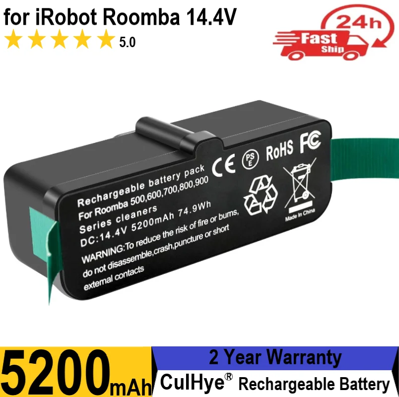 

14.4V 5.2Ah Li-ion 74.9Wh Roomba Authentic Replacement Battery for iRobot Roomba 900/800/700/600/500 Series
