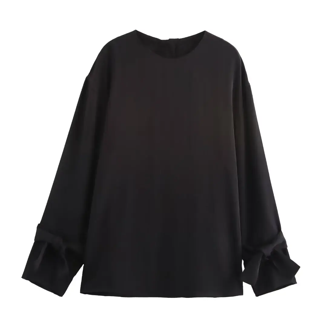 thumbnail image 1 of HH TRAF Blusa holgada elegante con lazo y mangas largas y cuello redondo de dos colores lisos para mujer de otoño con diseño de abertura con botones en la espalda para mujer, 1 of 5