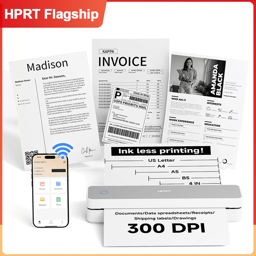 HPRT A4 Thermal Portable Printer 200dpi/300dpi Bluetooth Wireless Printer Mobile PDF Document Printing Machine For Travel Office