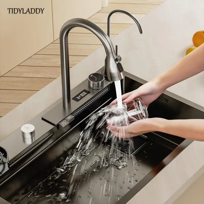 Waterfall Sink Kitchen Sink Stainless Steel Dishwashing Basin Multi-Function Large Single Tank Kitchen Novel Accessories