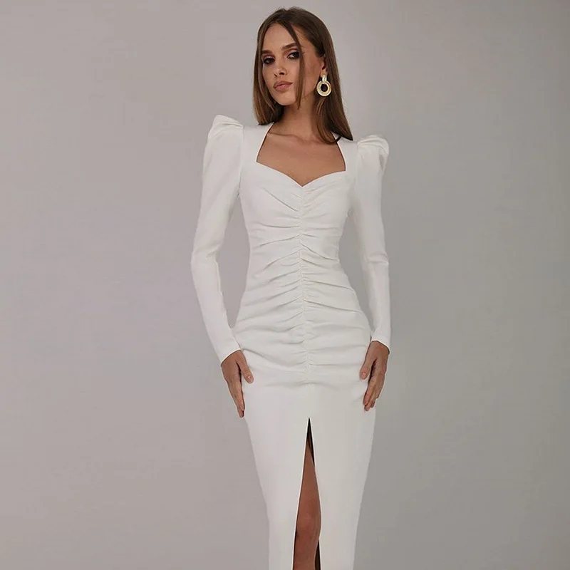 

Zabrina Elegant Long Puff Sleeve Evening Dresses For Woman Clothes Pleated Split Vestidos 2023 Fashion Party Club Cocktail Dress