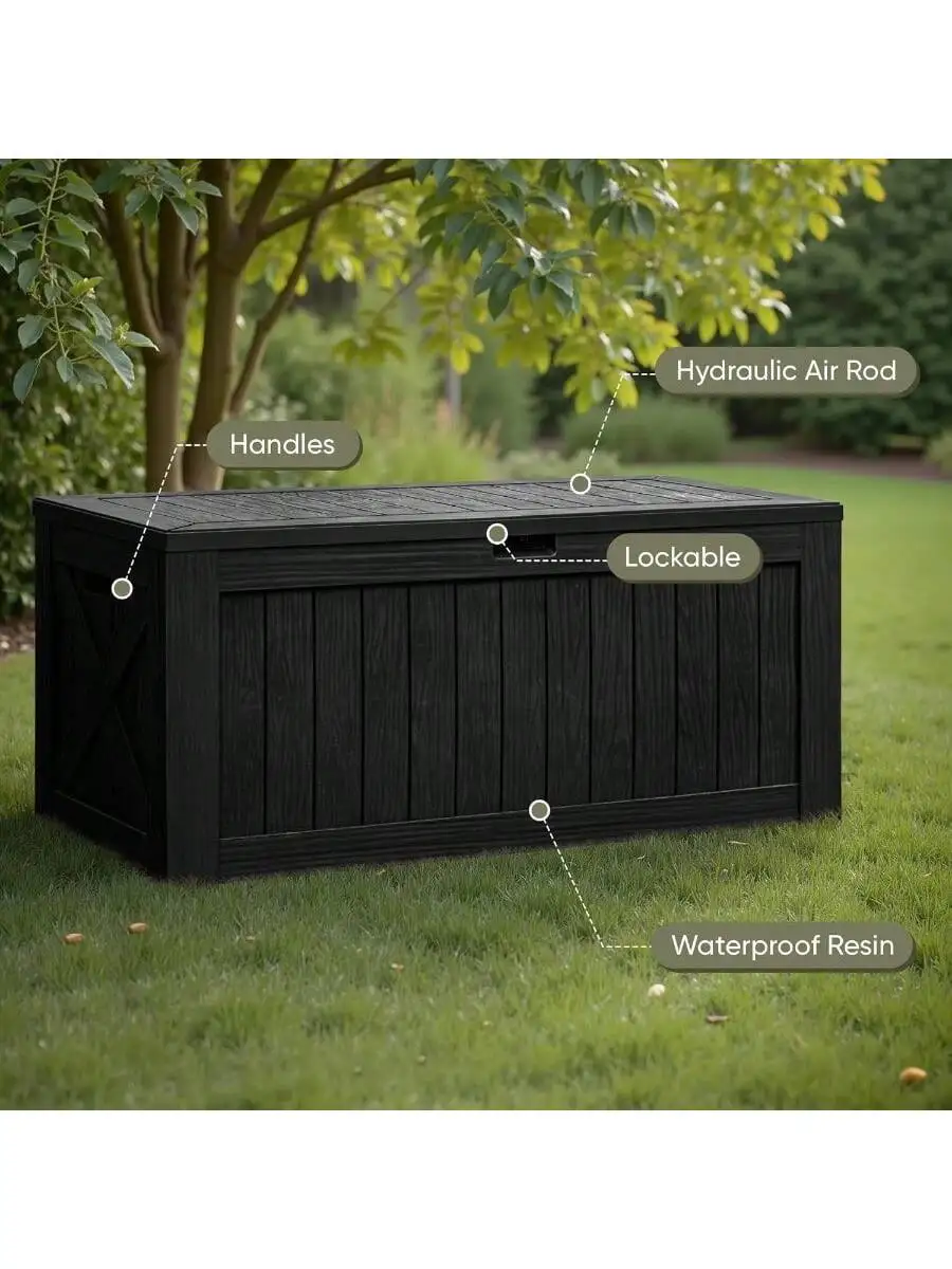 Flamaker Resin Deck Box 120 Gallon Waterproof Large Deck Boxes Plus Outdoor Indoor Storage Box Imitation Wood Resin for 2