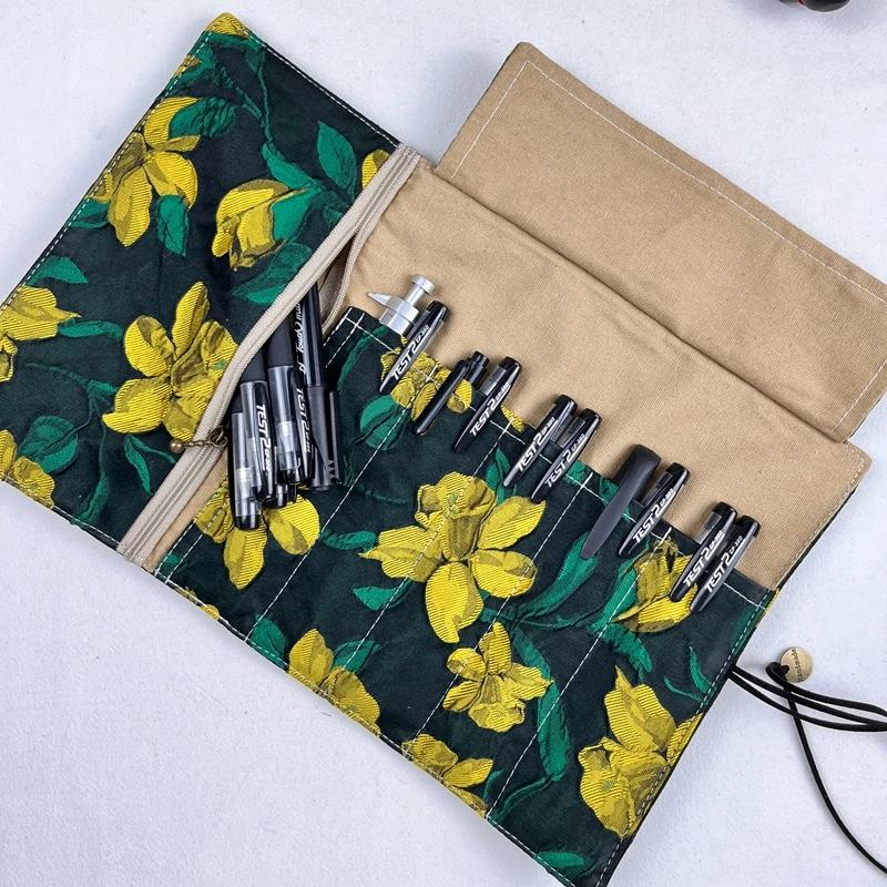 레트로 유화 그레이 꽃무늬 천 펜 커튼 대용량 펜 가방 문구 보관 가방 펜 가방..