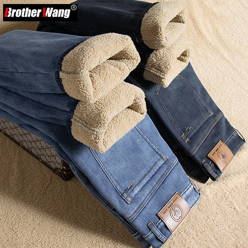 

New Winter Sherpa Warm Jeans for Men High Quality Soft Fabric Velvet Thickened Denim Pants Stretch Straight Trousers Male