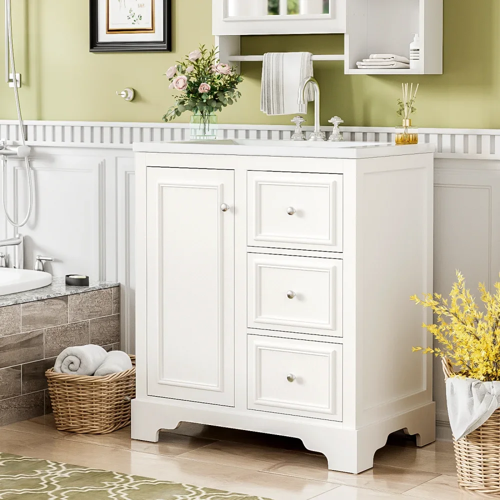 30 Inch Bathroom Vanity with Sink, Modern Elegant Bathroom Storage Cabinet with 3 Drawers and Adjustable Shelves 5