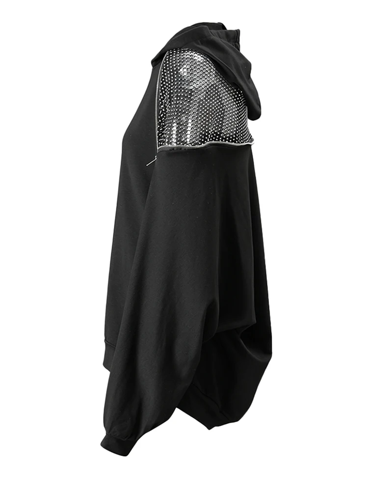 [EAM] Black Grid Hollow Out Big Size Casual Sweatshirt New Hooded Long Sleeve Women Fashion Tide Spring Autumn 2026 CPG6782
