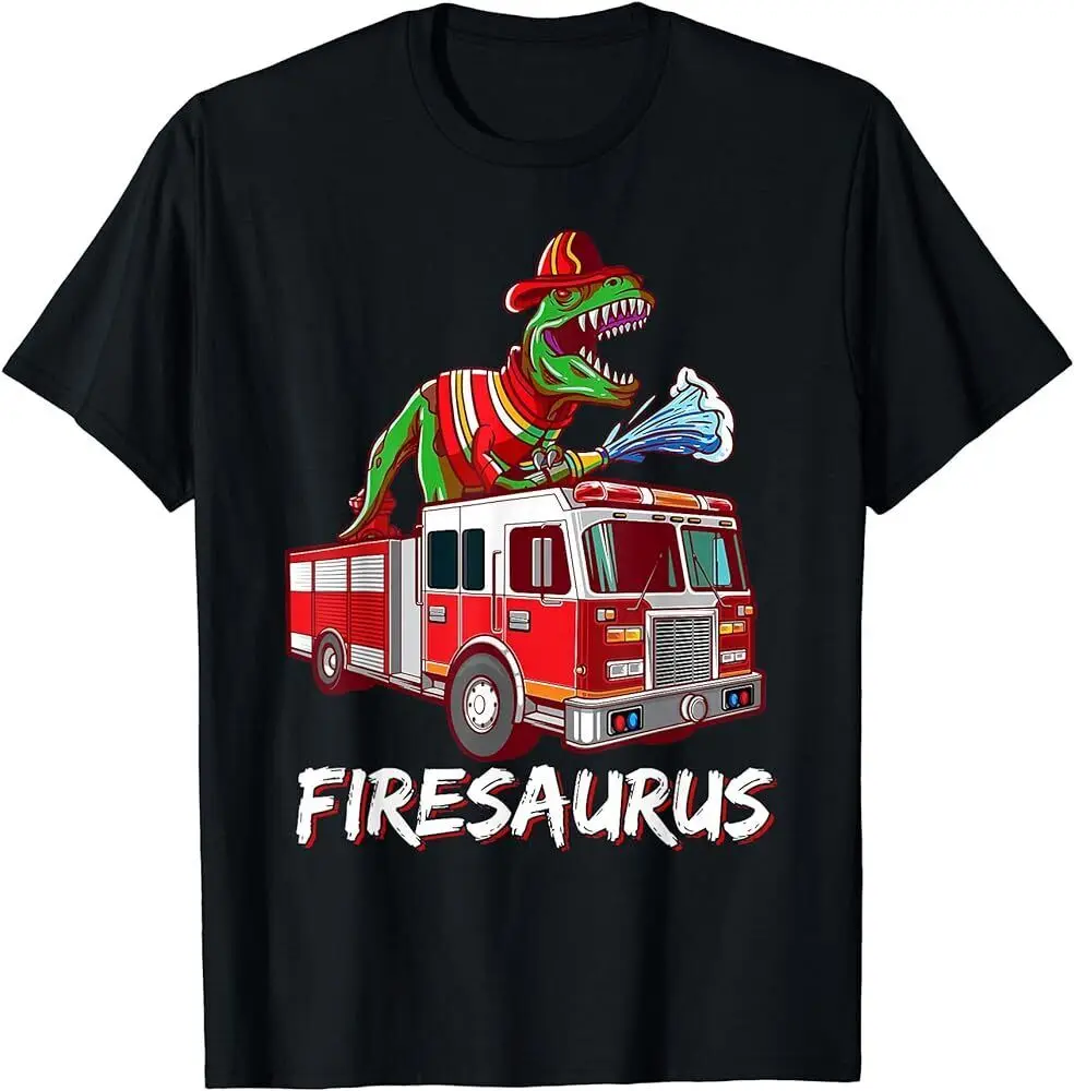 Fire Fighter Saurus Firetruck Pompiere Dinosauro T Rex T-Shirt Maniche Lunghe O Corte
