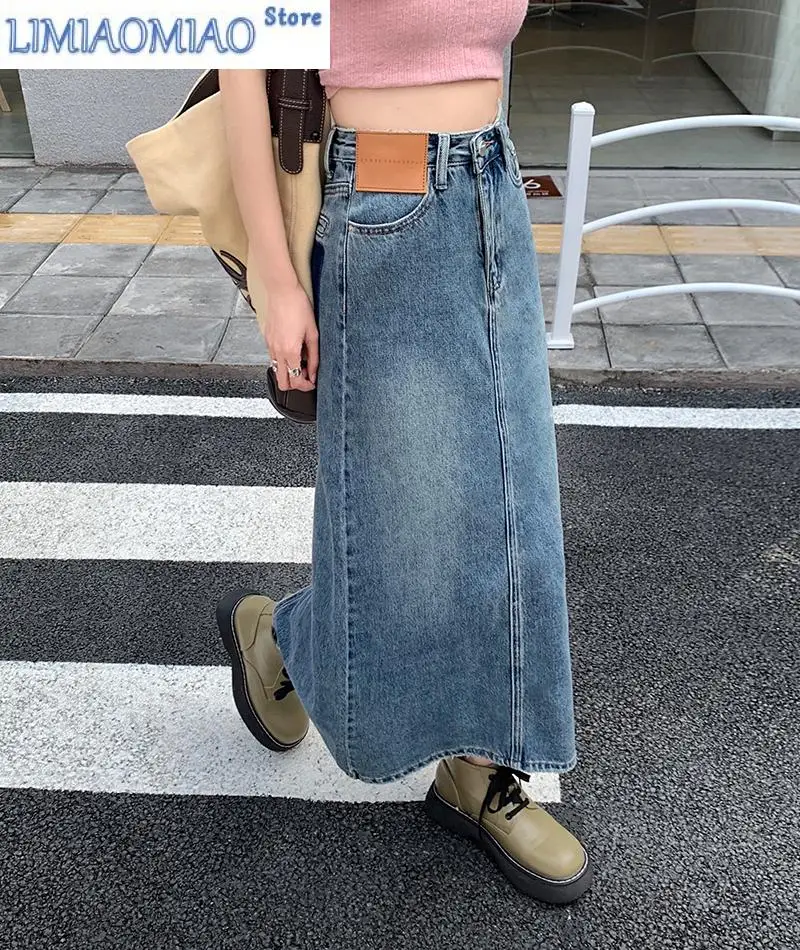 

New Vintage Long Denim Skirt For Women Back Slit Straight-fit Washed Blue Jean Maxi Skirt Retro Outfit