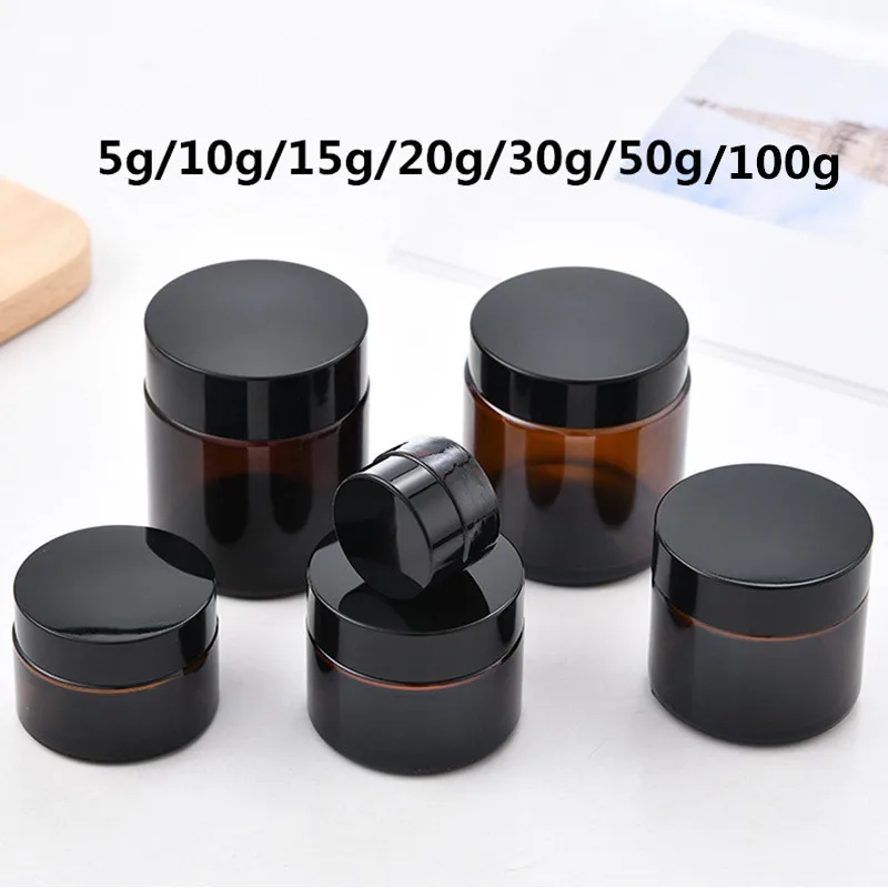 

10pcs/lot 5g 10g 20g 30g 50g glass jars for cosmetics Amber Glass Cream Jars Cosmetic Packaging with lid black plastic caps