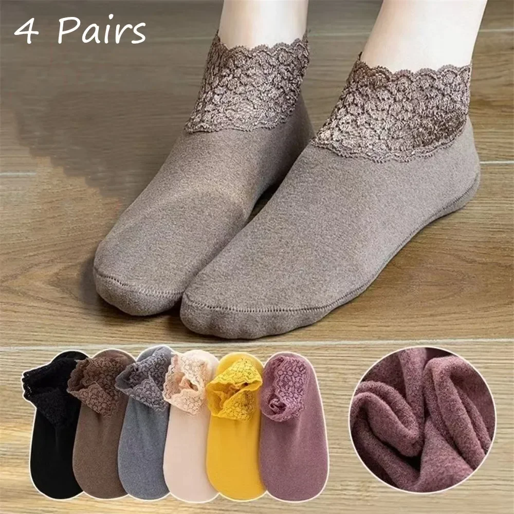 

Velvet Thermal Slippers Pairs Low 4 Women Solid Socks Warm Lace Casual Anti-slip Home Socks Tube Thick Floor
