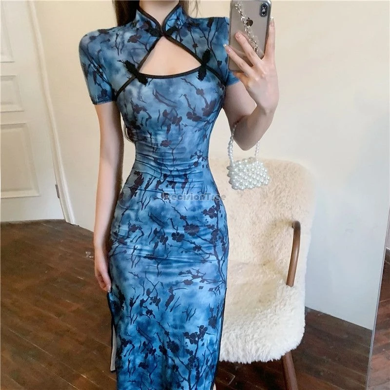 Chinese Dresses For Juniors Women's Vintage Chinese Cheongsam Print Dress -  Short Sleeve Side Slit Mini Dress Asian Style Dress