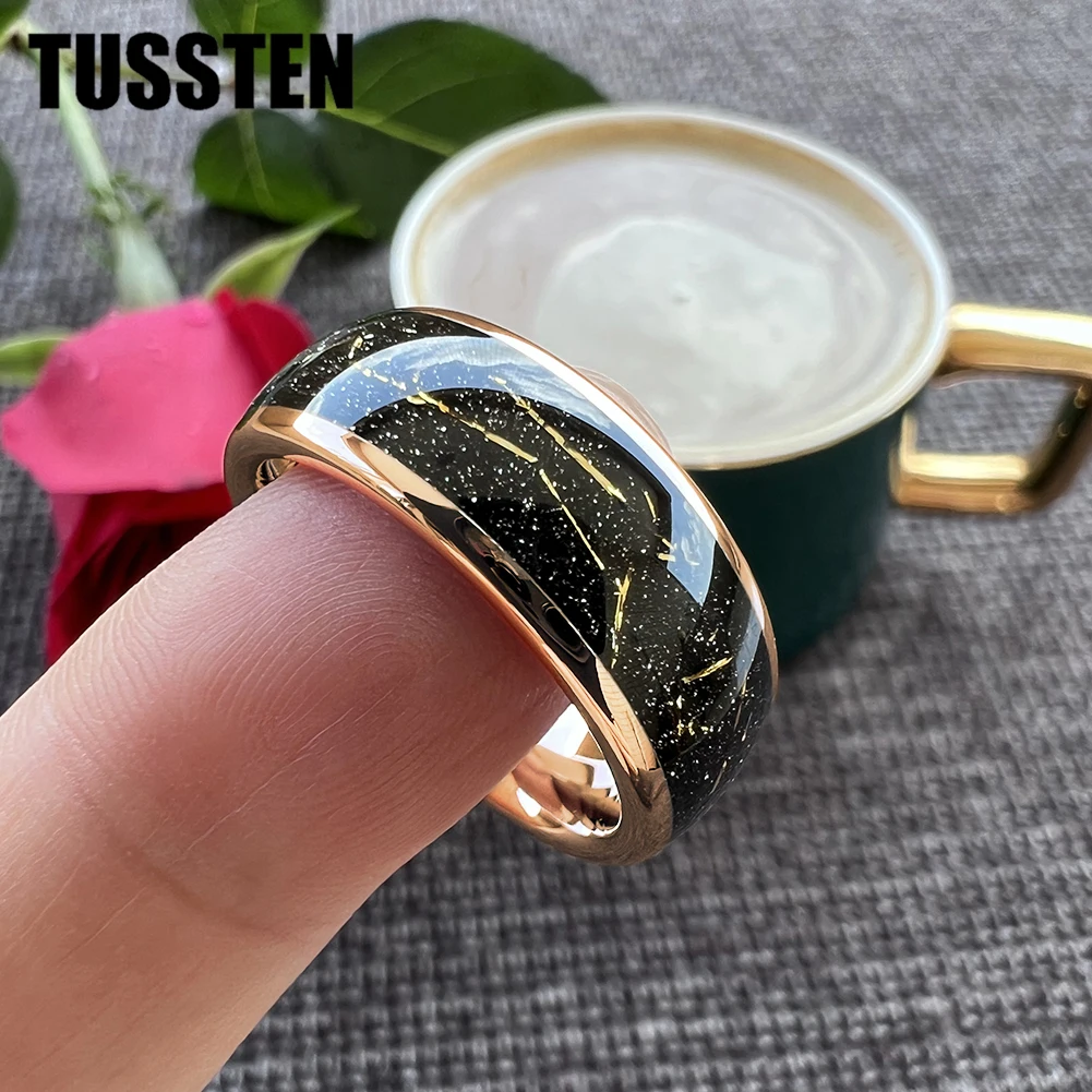 TUSSTEN 8mm Tungsten Carbide Steel Ring Black Inlaid Gold Color Foil Wedding Ring for Men and Women Jewelry Wholesale