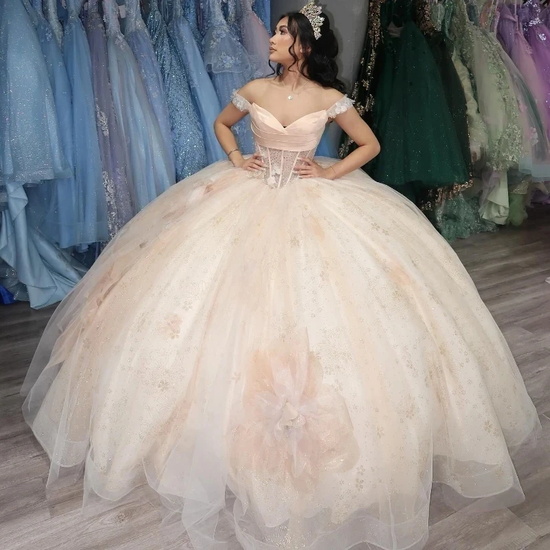 

Light Champagne Quinceanera Dresses Beads Lace Flower Beads Tull Off The Shoulder Sweet 16 Birthday Party Ball Gowns vestidos de