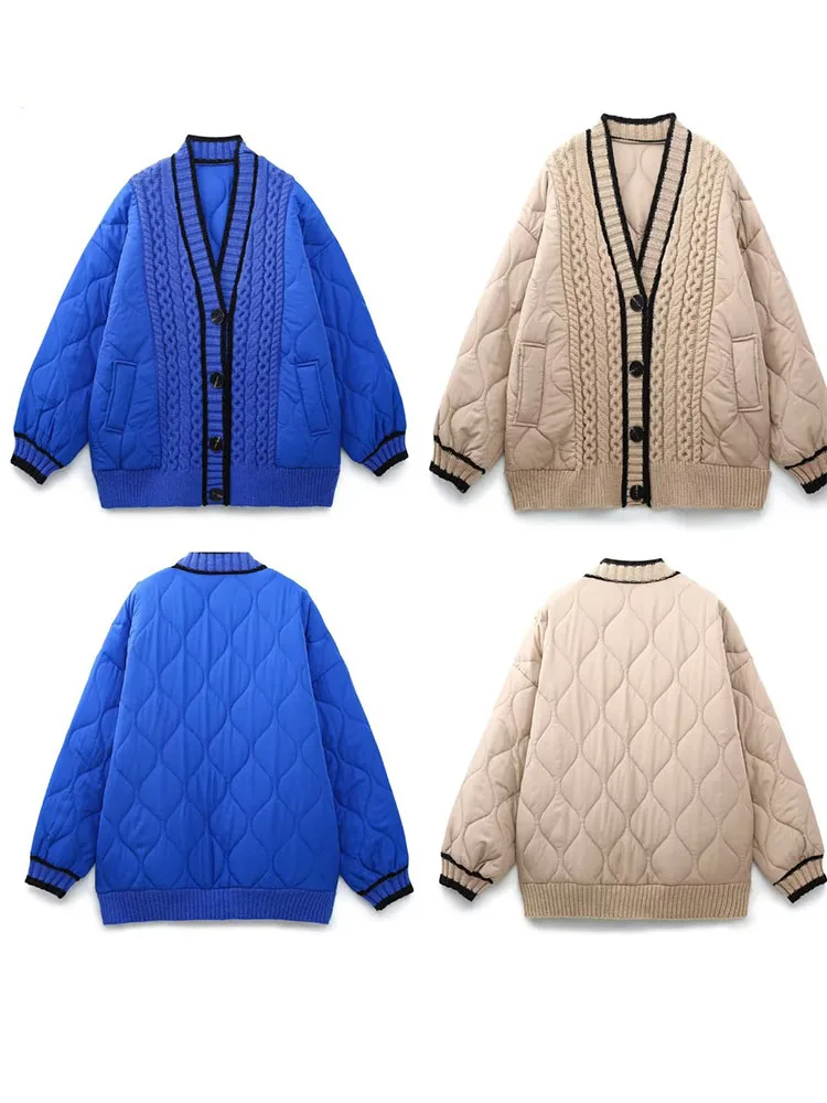 

Women 2023 Winter New Fashion Pocket Loose Knitting Splicing Jacket Coat Vintage Long Sleeve Button Female Outerwear Chic Tops