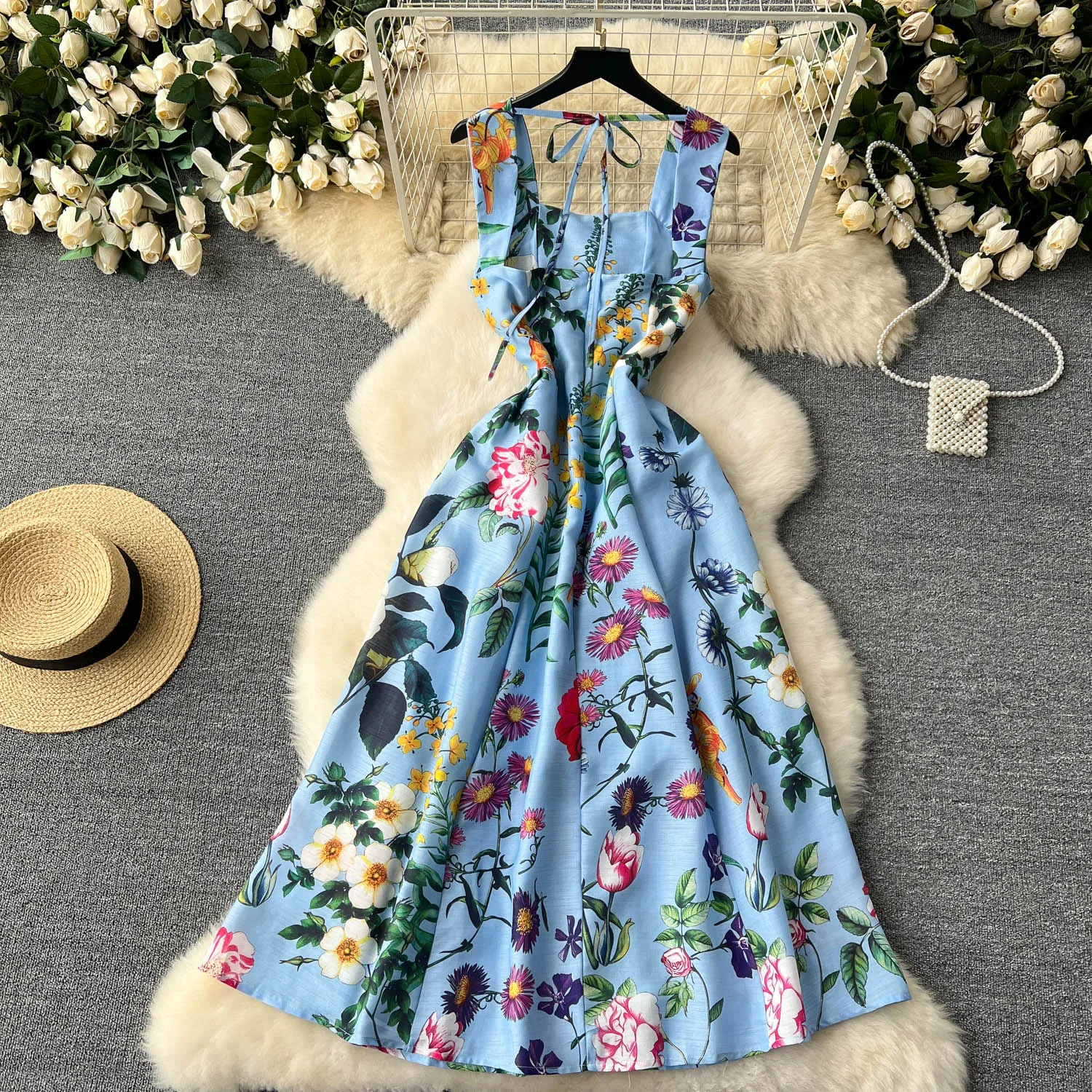 Vintage Elegant Pleated Square Collar sleeveless Print Dress A-line Fashion Spring summer Vestidos Women Bandage Dresses