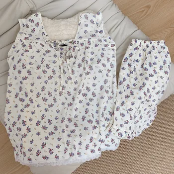 قطعتين مجموعة طاقم الرقبة المرأة منامة مثير زهرة طباعة بيجامة مجموعة السراويل موضة عادية المرأة بلا أكمام الحلو بيجامة مجموعة 2