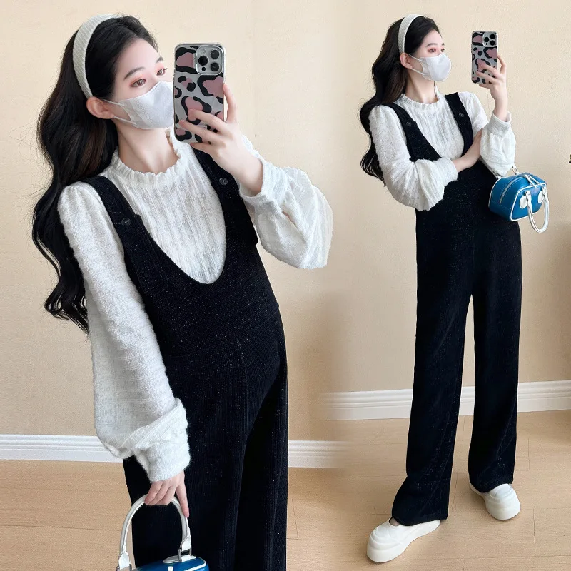 Maternity Clothes Set Pregnant Woman White Blouse+ Corduroy Overalls 2pcs Long sleeve Shirt Fleece-lined Pants Fashion Suit