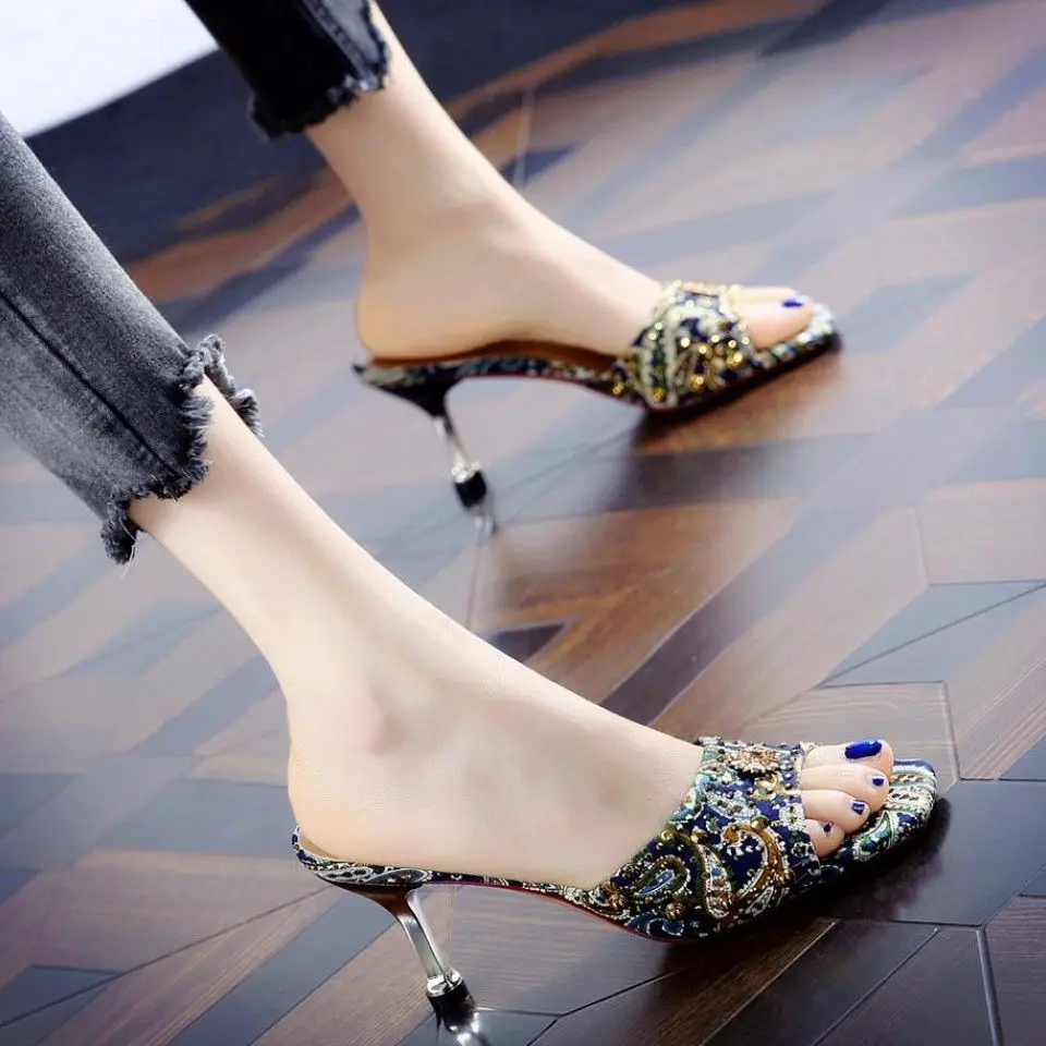 Women Sandals Embroidery Summer Women High Heels Sandals Open-toepeep High Heels Ladies Sandals Personalized Rhinestone Stiletto