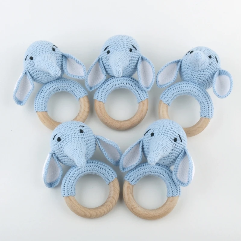 

Lovely Elephant Shape Teething Toy with Crochet Rattle Wood Rings Teether Perfect Gift for Babies & Toddlers Present