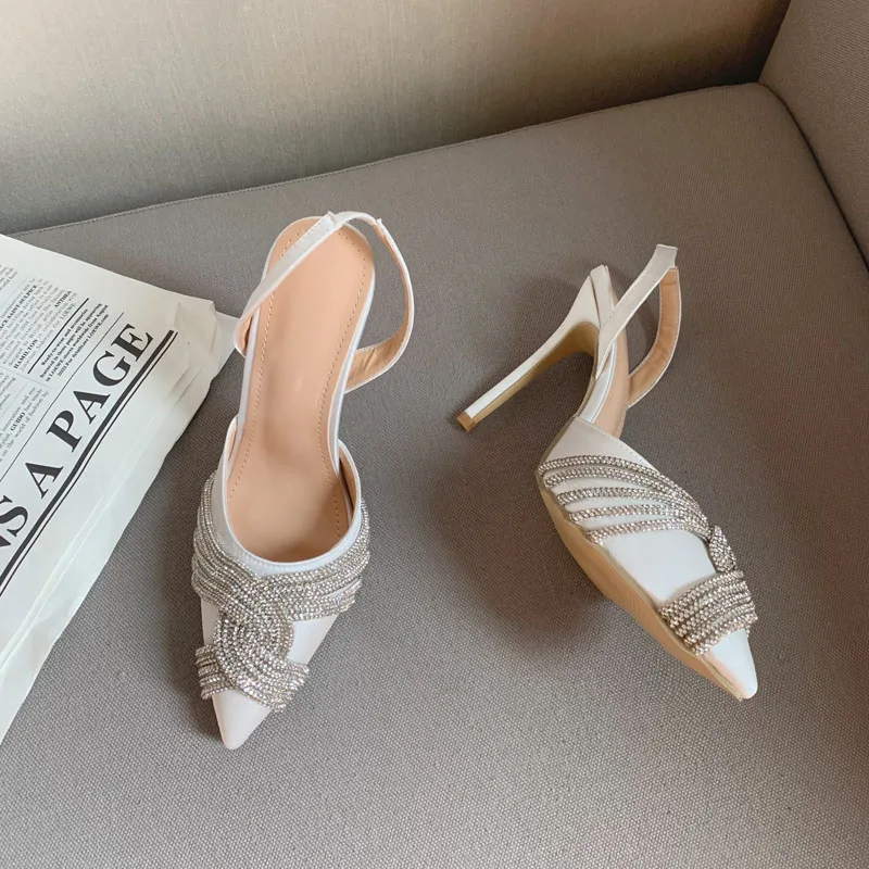 Eilyken Glitter Rhinestones Silk Women Pumps Crystal Fashion Satin Spring High heels Slingbacks Sandals Party Prom Shoes