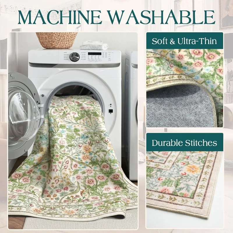 Carpet for Living Room Round Floral Print Bedroom Bedside Rugs Vintage Machine Washable Non-slip Coffee Table Floor Mat Tapis 러그